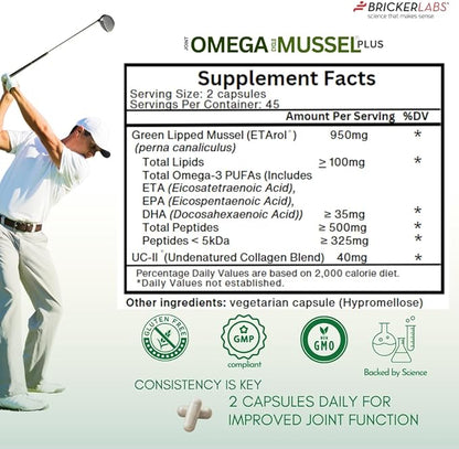 Bricker Labs Omega Cyclo - Mussel Plus UC-II, Premium NZ Green Lipped Mussel Plus UC-II Undenatured Type II Collagen, the Ultimate Joint Supplement for Joint Health and Comfort, 90 Capsules
