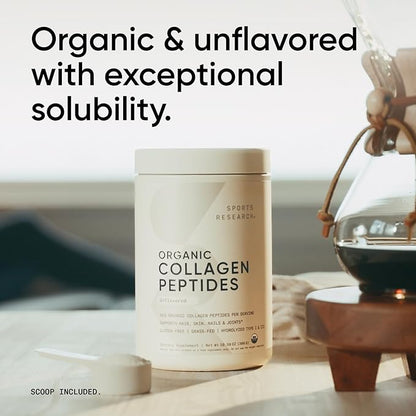 Sports Research® Organic Collagen Peptides - Hydrolyzed Type I & III Collagen Protein Powder Made Sustainably from Grass-Fed Cows - USDA Organic· Non-GMO · Gluten Free - Unflavored, 30 Servings