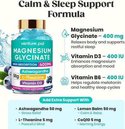 60 Day Supply Magnesium Glycinate 400mg Gummies with Ashwagandha, L-Theanine, CoQ10, Vitamin D3 & B6, Sugar Free Magnesium Gummies for Adults & Kids, Stress Relief, Sleep & Calm, Vegan, Gluten Free