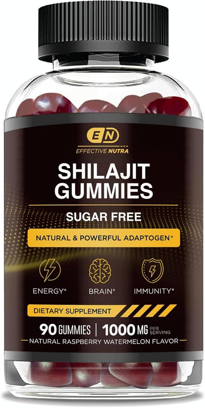 Effective Nutra Shilajit Gummies 1000mg | Pure Shilajit Resin for Energy, Brain & Immunity | Supplement for Men & Women | Sugar-Free, Vegan, Gluten-Free | Natural Berry Flavor, Made in USA (90ct)