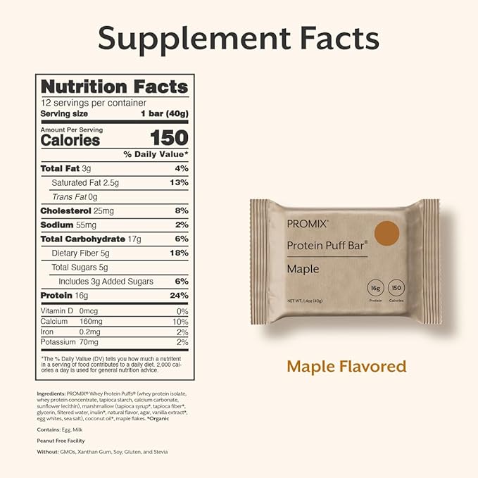 ProMix Nutrition Protein Puff Bars - Maple - Marshmallow Crispy Treat - High Protein & Low Calorie - 12 Bars