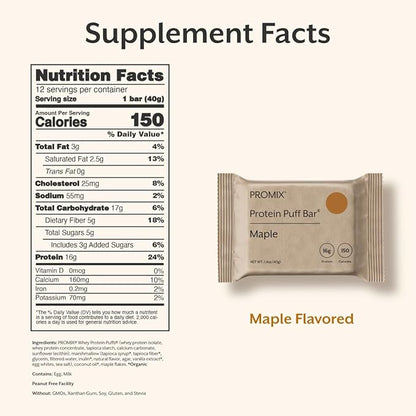 ProMix Nutrition Protein Puff Bars - Maple - Marshmallow Crispy Treat - High Protein & Low Calorie - 12 Bars