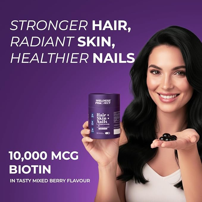 The Wellness Project 14-in-1 Hair, Skin & Nails Gummies with 10,000 mcg Biotin, Keratin, Hyaluronic & Folic Acid, Vitamins A, C, B5, B6 & B12 & Sea Buckthorn | Tasty Mixed Berry Flavor (Pack of 3)