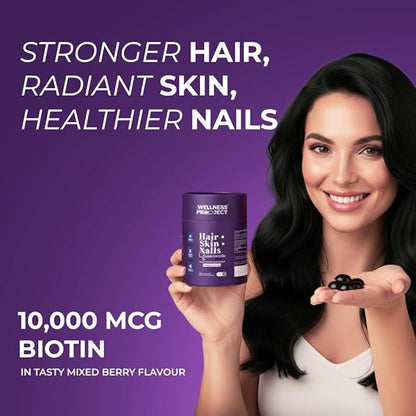 The Wellness Project 14-in-1 Hair, Skin & Nails Gummies with 10,000 mcg Biotin, Keratin, Hyaluronic & Folic Acid, Vitamins A, C, B5, B6 & B12 & Sea Buckthorn | Tasty Mixed Berry Flavor (Pack of 2)