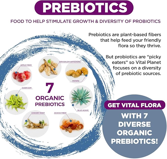 Vital Planet - Vital Flora Probiotics for Women Over 55 Daily Shelf Stable Probiotic 60 Billion CFU, 60 Diverse Strains, 7 Organic Prebiotics, Immune Support and Digestive Health 60 Capsules