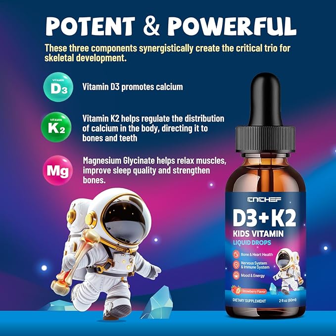 Vitamin D3 K2 Drops for Kids - Liquid Supplement with Magnesium for Calcium Absorption, Joint Health, Teeth & Heart - Non-GMO, Vegan, Strawberry, 2 Fl Oz - Kids Ages 4+