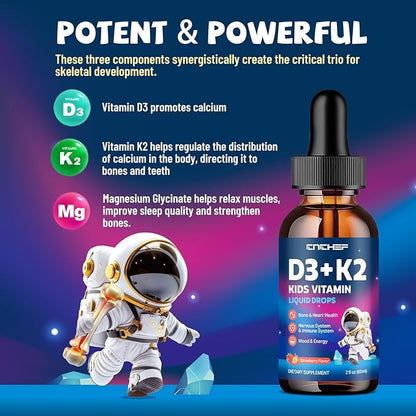 Vitamin D3 K2 Drops for Kids - Liquid Supplement with Magnesium for Calcium Absorption, Joint Health, Teeth & Heart - Non-GMO, Vegan, Strawberry, 2 Fl Oz - Kids Ages 4+