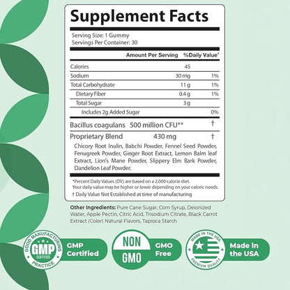 Sequente GutCore – Daily Probiotic & Botanical Gummy with Bacillus Coagulans, Chicory Root, Ginger, Lion’s Mane & Herbal Blend – Non-GMO, Stimulant-Free Formula –30 Gummies, 1 Month Supply
