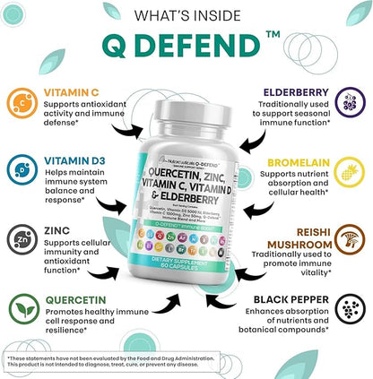 Q Defend Quercetin Supplement with Zinc Vitamin C Vitamin D Elderberry Turmeric Black Pepper Garlic Ginger Sea Moss Lysine Stinging Nettle Reishi Immune Support 60 Capsules Pack of 2 by Clean Nutra