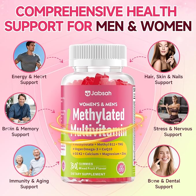 Methylated Vitamin B Complex Gummies for Women & Men, Multivitanins Gummy with Vitamin A, C ,E, Methylfolate & B12, TMG, Calcium, D3 K2, Magnesium & More for Overall Health-Vegan, Sugar Free, 60 Cts