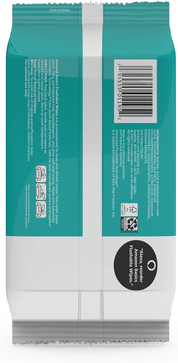 Amazon Basics Adult Wet Wipes Flushable formulated without Fragrance, 126 Count (3 Packs of 42) Packaging May Vary
