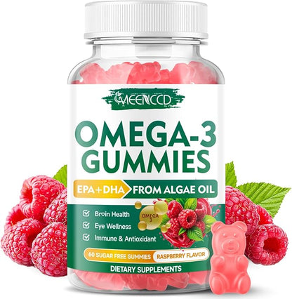Vegan Omega-3 Gummies 1000mg, Omega 3 Fish Oil Alternative for Adults, Algae-Based DHA 600mg & EPA 300mg + Vitamins A, C, E, Zinc, Supports Overall Wellness, No Fish Taste, 60 Count
