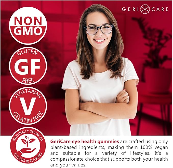 GeriCare Eye Support Gummies, Compare to Bausch and Lomb Ocuvite Gummy, Lutein & Zeaxanthin Vision Health Supplement, Naturally Sourced, Plant-Based, Non-GMO, Gluten-Free, 60 Chewable Berries Gummies
