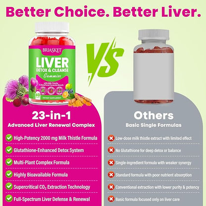 Liver Detox Cleanse & Repair, 2000 mg Milk Thistle Liver Detox, Liver Support Supplement with Glutathione, Dandelion Root, Turmeric & Artichoke, 23-in-1Herbal for Liver & Gut Health, Vegan, 60 Gummies