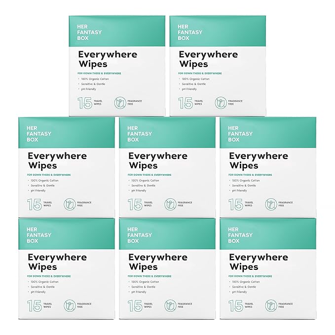 Her Fantasy Box | Everywhere Wipes – 100% Organic Cotton, Gentle & Refreshing, pH-Balanced, Fragrance-Free, Plant-Powered for Body, Face & Intimate Areas, Ideal for Sensitive Skin - 8 Pack, 120 Wipes