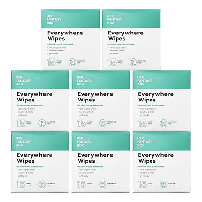 Her Fantasy Box | Everywhere Wipes – 100% Organic Cotton, Gentle & Refreshing, pH-Balanced, Fragrance-Free, Plant-Powered for Body, Face & Intimate Areas, Ideal for Sensitive Skin - 8 Pack, 120 Wipes