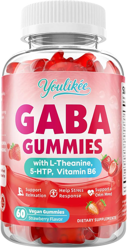 GABA Gummies 500mg with L-Theanine, 5-HTP, Vitamins B6, B12, D3 and Ashwagandha, Melatonin-Free, GABA Supplements for Adult, Sugar-Free, Strawberry Flavor, 60 Count