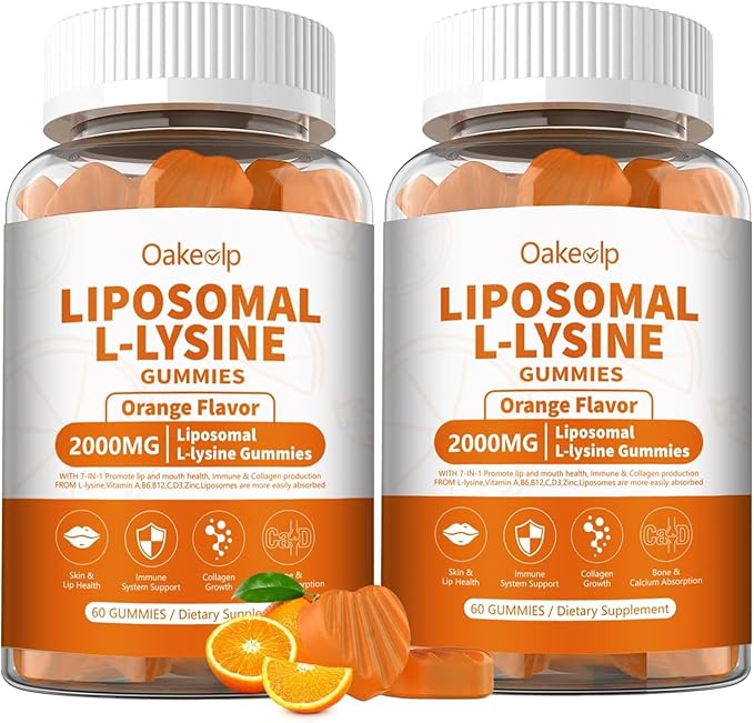 2 Pack Liposomal L-lysine Gummies 2000mg with Vitamin A,C D3, B12 & Zinc for Lips & Oral Wellness, Immune Support & Collagen & Calcium,L-Lysine Supplements for Kids and Adults