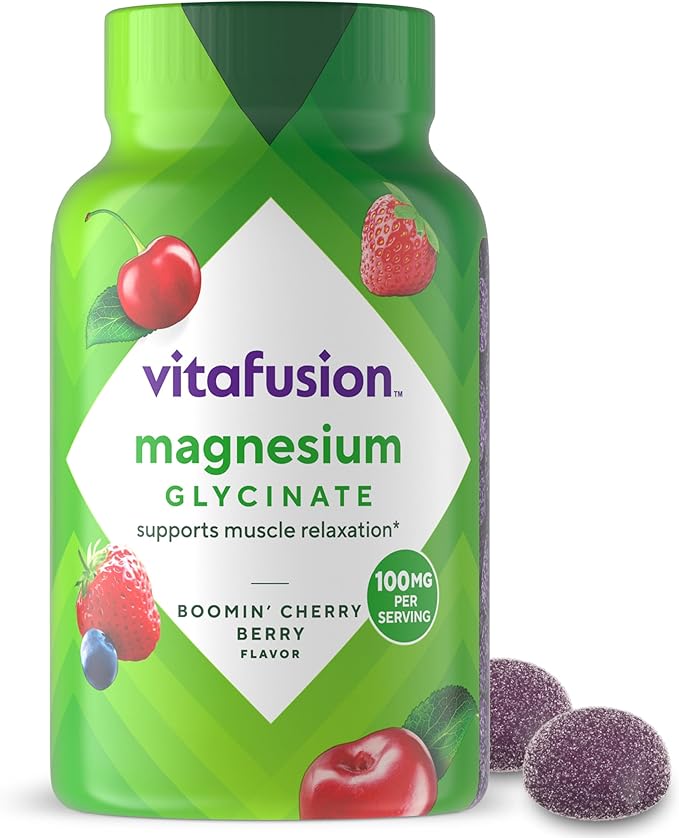 vitafusion Magnesium Glycinate Gummy Supplement, 100 mg per Serving Supports Muscle Relaxation (1) for Adult Women & Men, Boomin’ Cherry Berry Flavor, 60 Count