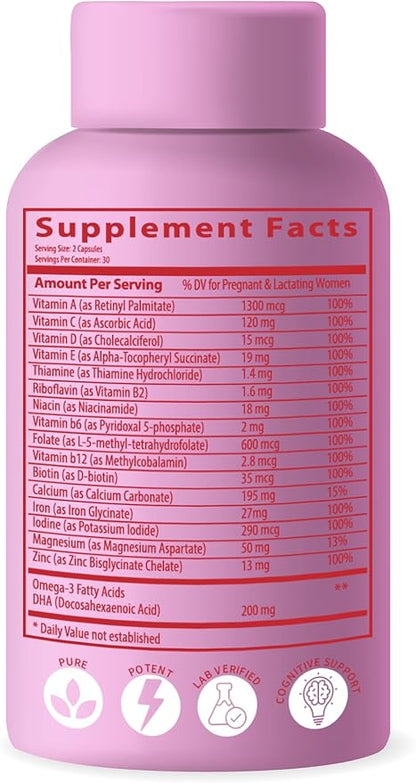 Bio-Available Prenatal Vitamins for Women, Natural Methylated Folate Folic Acid, DHA Omega 3. Multivitamin Pre, During & Post Pregnancy