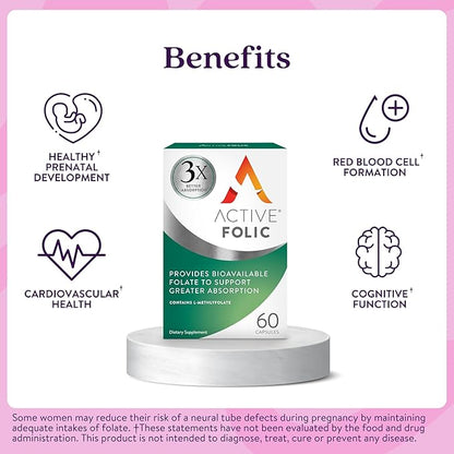 ACTIVEIRON Active Folic 400mcg – L-Methylfolate Folic Acid Supplement – Highly Absorbed, Vegan – Supports Pregnancy, Energy, Tiredness & Fatigue Reduction – 60 Capsules (2-Month Supply)
