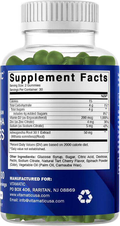Vitamatic Ashwagandha 30:1 Extract 50 mg per Serving – Concentrated Ashwagandha Root Extract with Withanolides – Vegan Herbal Supplement – Non-GMO, Gluten Free – 60 Gummies
