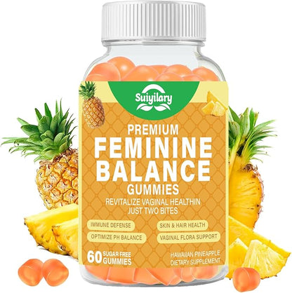 Feminine Probiotics Gummies, Vaginal Health & Women's pH Balance Gummy Supplement with Cranberry Pineapple Powder, Sugar Free Vegan, 60 Count (Pineapple)