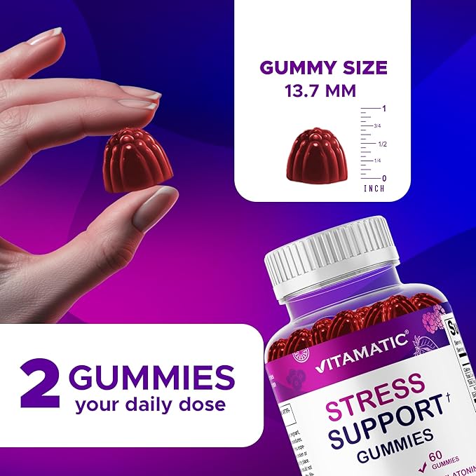 Vitamatic Stress Relief Gummies with GABA, L-Theanine, Lemon Balm – Lemon & Mixed Berry Flavor – 60 Gummies – Vegan, Non-GMO, Gluten-Free