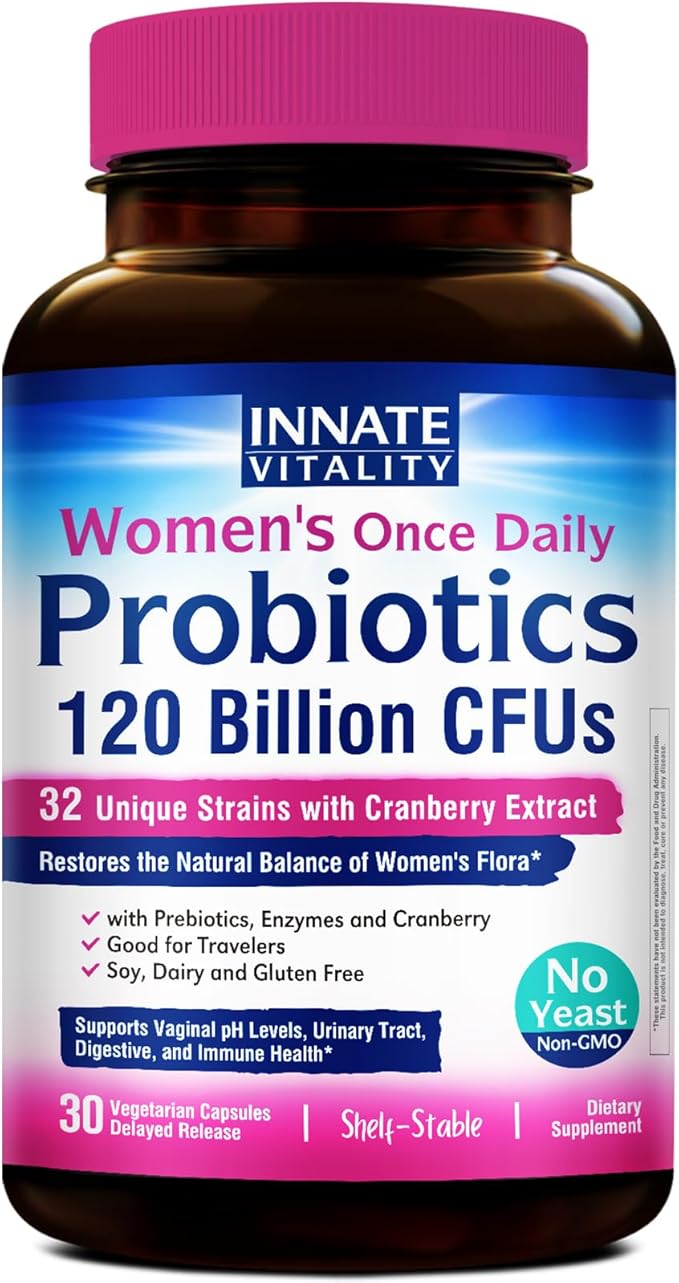 Innate Vitality Women's Probiotics, 120 Billion CFU, 32 Tested Strains, Probiotics for Women, Yeast Control, Vaginal pH Support, Prebiotics, Digestive Enzymes, Cranberry, Once Daily 30 Veggie Capsules