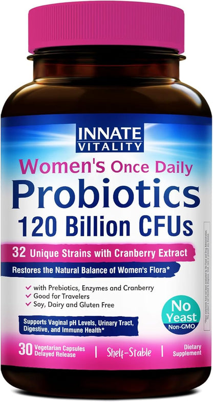Innate Vitality Women's Probiotics, 120 Billion CFU, 32 Tested Strains, Probiotics for Women, Yeast Control, Vaginal pH Support, Prebiotics, Digestive Enzymes, Cranberry, Once Daily 30 Veggie Capsules