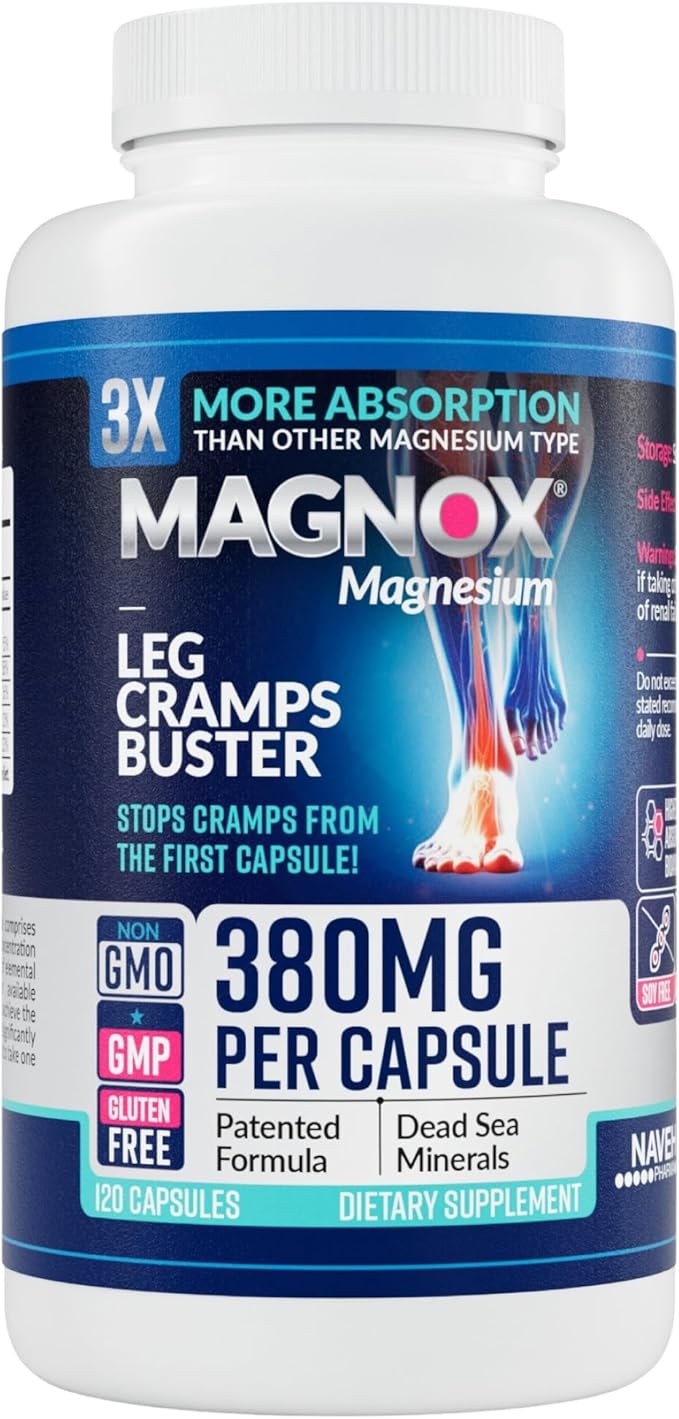 MAGNOX® Buster | Patented Clinically Tested 380mg Magnesium Supplement for Spasms & Leg Cramps at Night | One Capsule a Day for Almost Full Dosage | 3X More Absorption | Dead Sea Minerals (120 Caps)