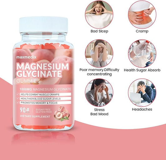 Magnesium Glycinate Gummies 1000mg, Sugar Free Magnesium Potassium Supplements Chewable for Adults with L-Threonate for Sleep, Body Support and Relaxation,90 Peach Gummies