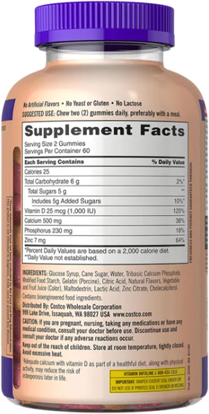 KS Calcium 500 mg with Vitamin D3 1000 IU & Zinc – 120 Gummies (2-Month Supply) – Bone, Teeth & Immune Support for Adults – Natural Orange & Cherry Flavors – USP Verified