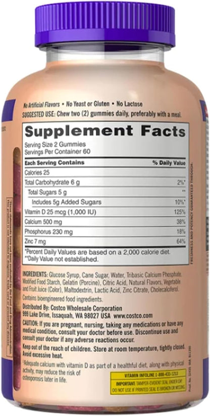 KS Calcium 500 mg with Vitamin D3 1000 IU & Zinc – 120 Gummies (2-Month Supply) – Bone, Teeth & Immune Support for Adults – Natural Orange & Cherry Flavors – USP Verified
