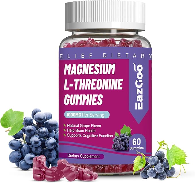 Magnesium Threonine Gummies 1000mg, L-Threonine Gummies for Adults, Great Magnesium Supplements for Brain, Non-GMO, Gluten Free, Vegan, 60 Grape Magnesium Gummies, 30 Day Supply