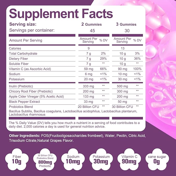 Migcopat 10G Fiber Gummies with 30 Billion CFU Probiotics, Grape Flavor, Bloating Support, Fiber Supplement with Vitamin C, ACV, Inulin, Sugar Free, 180 Count
