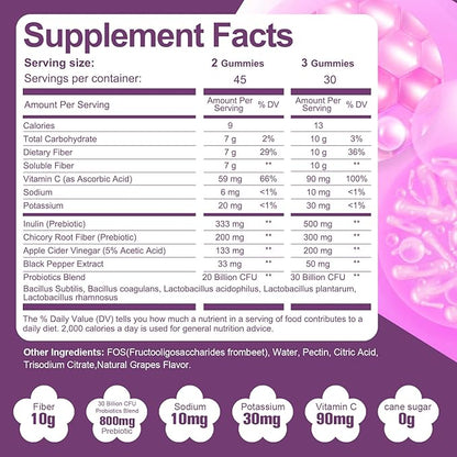 Migcopat 10G Fiber Gummies with 30 Billion CFU Probiotics, Grape Flavor, Bloating Support, Fiber Supplement with Vitamin C, ACV, Inulin, Sugar Free, 180 Count