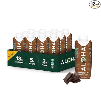 ALOHA Organic Protein Drink, Chocolate Sea Salt, Low Sugar & Dairy Free Ready-to-Drink Protein Shake, Plant Based, Non-Dairy, Clean Ingredients, GLP-1 Friendly, 18g Protein, Gluten Free