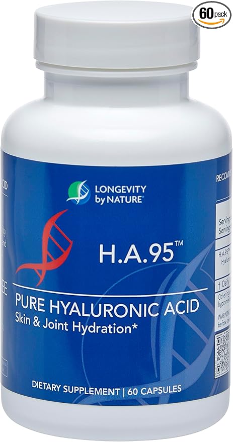 Longevity by Nature H.A.95 Hyaluronic Acid Supplements, Antioxidant, Skin Hydration, Eye, Joint, Natural Rooster Comb, 60 Capsules