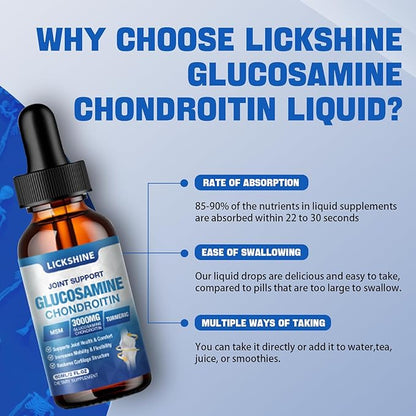 lickshine 1 Pack Glucosamine Chondroitin MSM Liquid Drops - Extra Strength Joint Support Supplement for Adults with Quercetin Boswelia, Bromelain, Hyaluronic Acid, Antioxidant Immune Support (2 Fl oz)