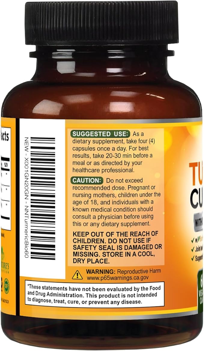 Turmeric Curcumin Supplement - 2400mg Organic Turmeric Per Serving - 95% Curcuminoids & BioPerine Black Pepper Extract for Best Absorption - Natural Vegan Joint Support - Bottled in USA - 60 Capsules