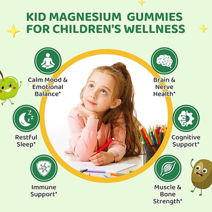 2 Pack Center-Filled Magnesium Glycinate Gummies for Kids - Magnesium Supplement Gummes with L-Theanine, Chamomile & Multivitamins for Sleep, Calm & Focus, Melatonin-Free - Green Apple & Kiwi, 60 CT