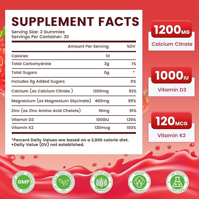 Calcium Citrate Gummies 1200mg, High Absorption Calcium Supplements with Vitamin D3, K2, Magnesium, Zinc for Bone, Muscle & Immune Support, Calcium Gummies for Women & Men, Strawberry Flavor 120 Count