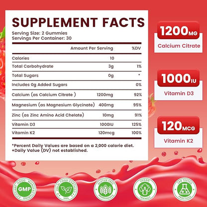 Calcium Citrate Gummies 1200mg, High Absorption Calcium Supplements with Vitamin D3, K2, Magnesium, Zinc for Bone, Muscle & Immune Support, Calcium Gummies for Women & Men, Strawberry Flavor 120 Count