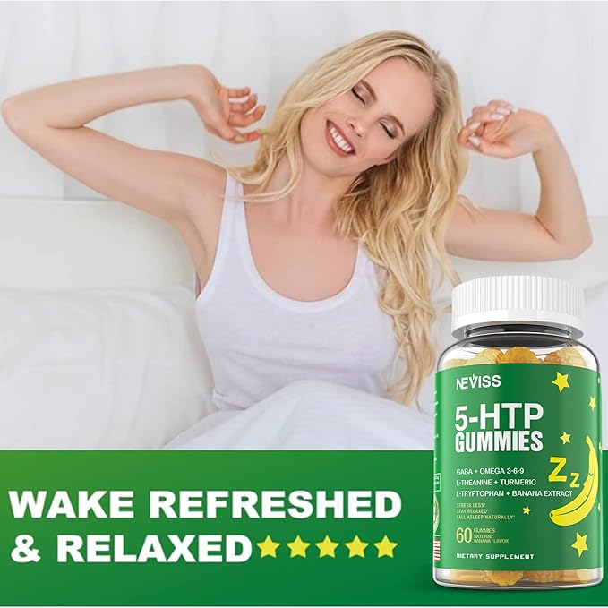 5-HTP 400MG Gummies + GABA - Melatonin Free - Relaxation Gummies with Banana Extract, L-Theanine, Turmeric, L-Tryptophan, D3 for Healthy Rest Cycle, Circadian Rhythm, Brain & Muscle Relax, Pack of 2