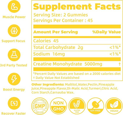 novomins Creatine Monohydrate Gummies for Men & Women, Chewables Creatine Monohydrate for Muscle Strength, Muscle Builder, Energy Boost, Pre-Workout Supplement(90 Count)-Pineapple Flavor.