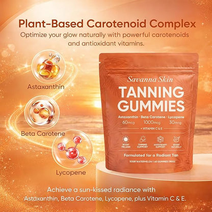 Savanna Skin Tanning Gummies, with Vitamin C & E, Astaxanthin, Beta Carotene & Lycopene Blend, Natural Looking Glow, Bronzing, Radiant Healthy Skin, Non-GMO, Vegan & Sugar-Free, 60 Gummies