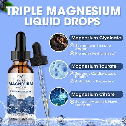Magnesium Glycinate Liquid Drops with Taurate & Citrate, Magnesium Supplement for Sleep, Calm & Relaxation, with Potassium & Omega-3, High Absorption Formula, Blueberry Flavor, 2 Fl Oz