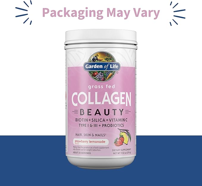 Garden of Life Grass Fed Collagen Beauty - Strawberry Lemonade, 20 Servings, Powder for Women Men Hair Skin Nails, Hydrolyzed Collagen Peptides Protein Powder Supplement