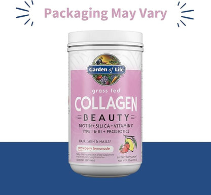 Garden of Life Grass Fed Collagen Beauty - Strawberry Lemonade, 20 Servings, Powder for Women Men Hair Skin Nails, Hydrolyzed Collagen Peptides Protein Powder Supplement